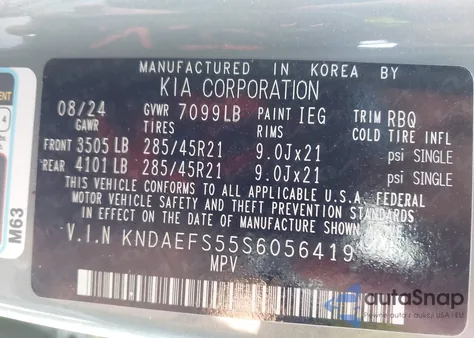 2025 Kia Ev9 Gt-Line from USA, damaged, VIN KNDAEFS55S6056419